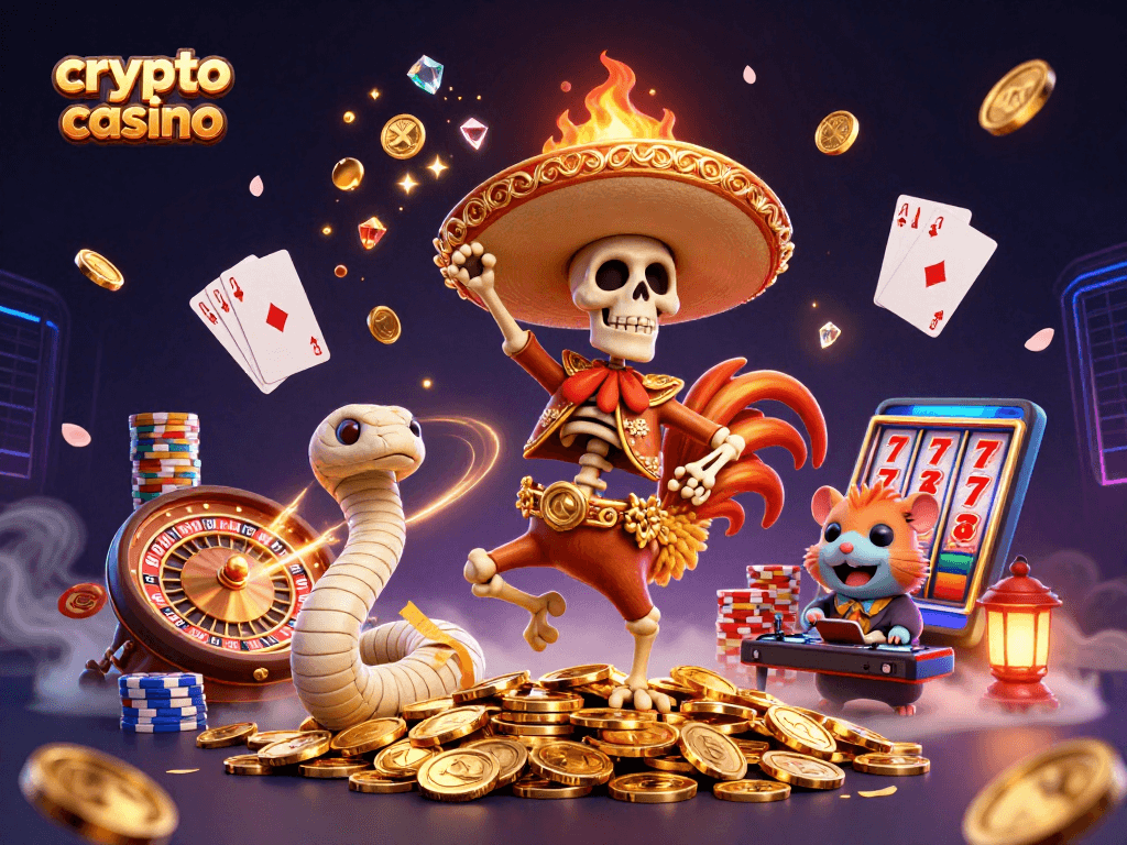 Experience excitement in a crypto casino with animated characters celebrating over glowing coins and games.
