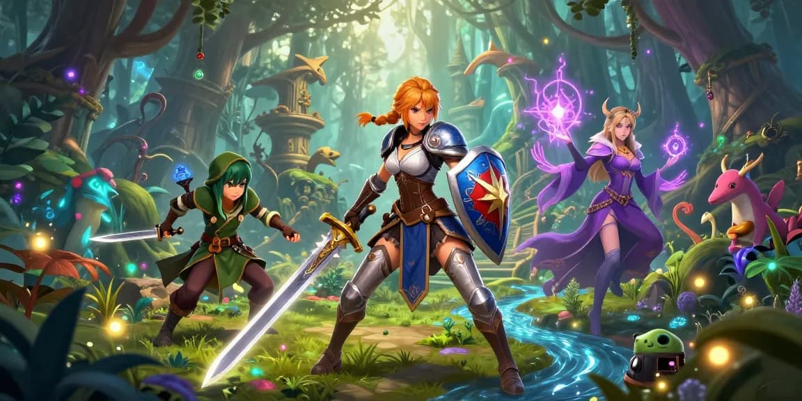 Characters from Adult RPG Games in an enchanting forest setting showcasing vibrant fantasy elements.