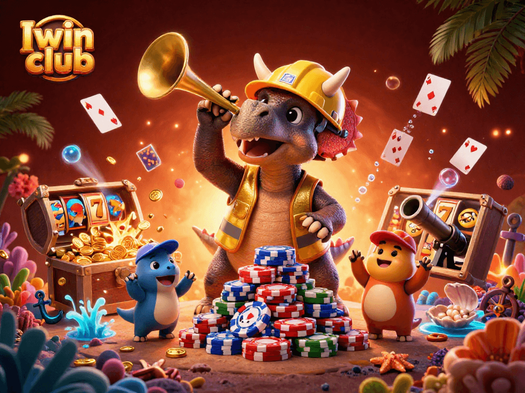 Experience the excitement at Iwin club with a vibrant casino-themed celebration filled with characters and action.