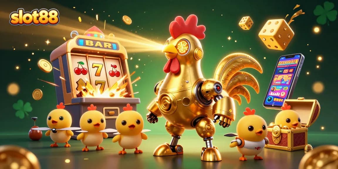 Menggandakan peluang menang di slot88 dengan ilustrasi robot ayam emas dan permainan slot menarik.