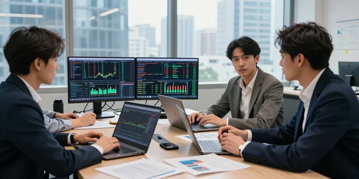 Обсуждение стратегий трейдеров на криптовалютной бирже Bitmex, отзывы Bitmex на столе среди графиков и ноутбуков.