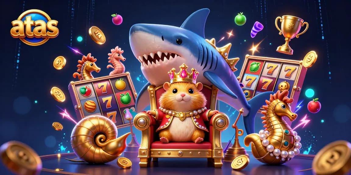 Atas Casino's golden hamster king surrounded by thrilling slot machine elements and vibrant rewards.