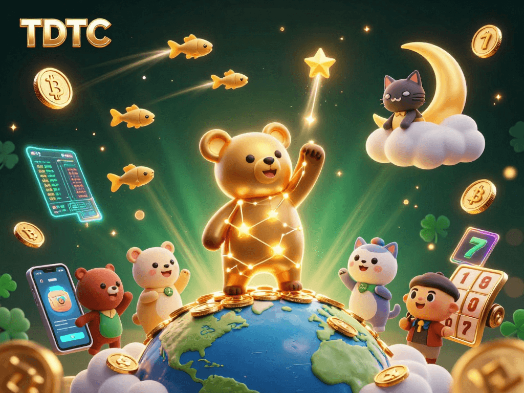 Engage with the thrilling TDTC casino scene featuring a constellation bear, crypto elements, and vibrant visuals.