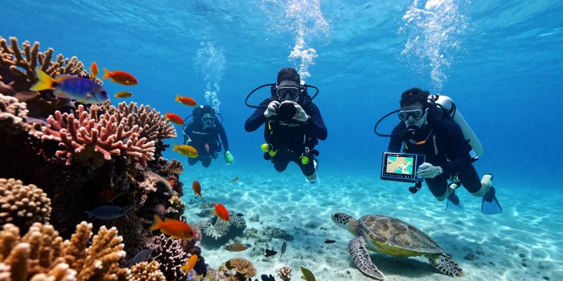 Pengalaman terjun4d dengan penyelam di terumbu karang yang cerah.