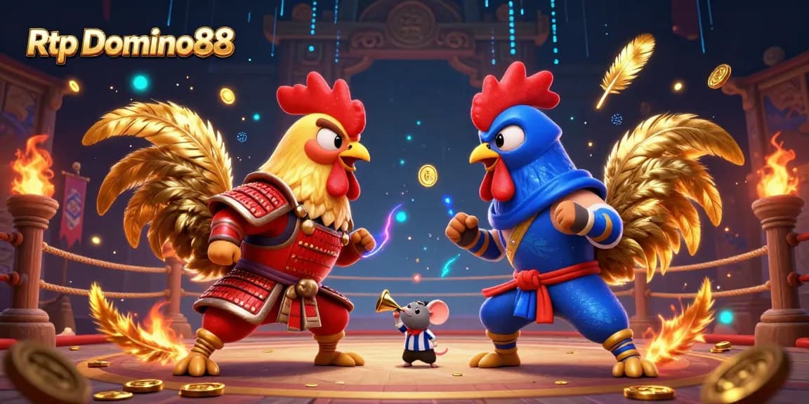 Experience the excitement of Rtp Domino88 with dynamic fighting roosters and vibrant casino elements.
