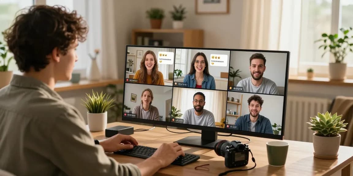 Engaging virtual chat scene reflecting شات تعب قلبي with supportive messages and cozy home office.