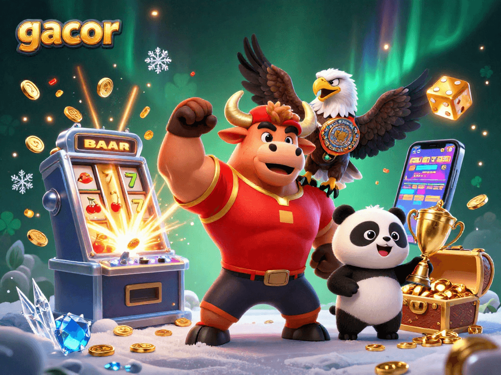 Experience the excitement of gacor slots with a victory pose by the bull mascot in a dynamic casino scene.
