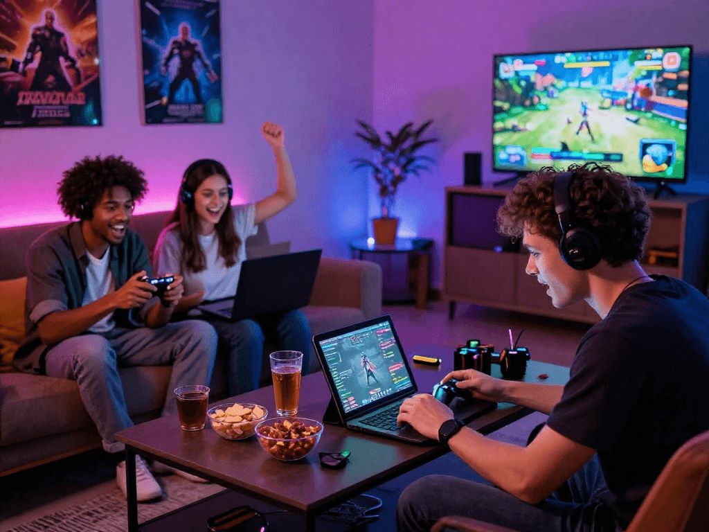 Friends enjoying mind control porn games in a vibrant gaming room setting.