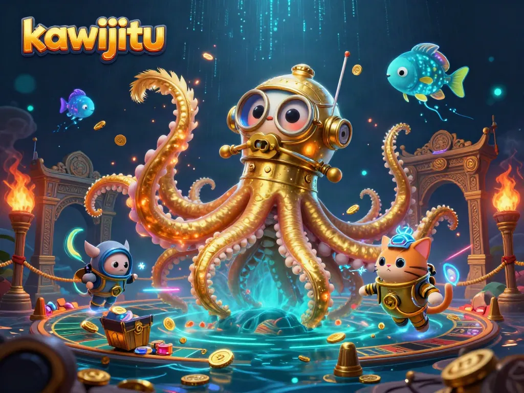 Experience the thrill of kawijitu with a vibrant underwater scene featuring a kraken and diving cat.