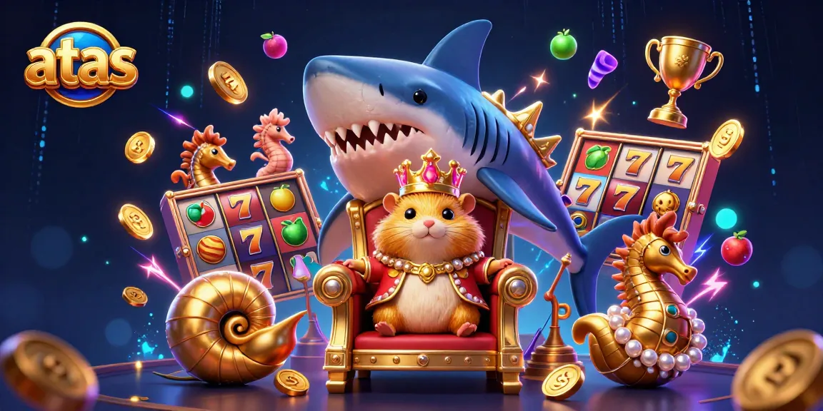 Atas Casino's golden hamster king surrounded by thrilling slot machine elements and vibrant rewards.