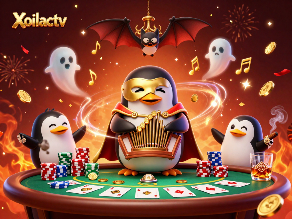 Xoilactv showcases a cartoon penguin with a golden mask at an exciting casino scene.