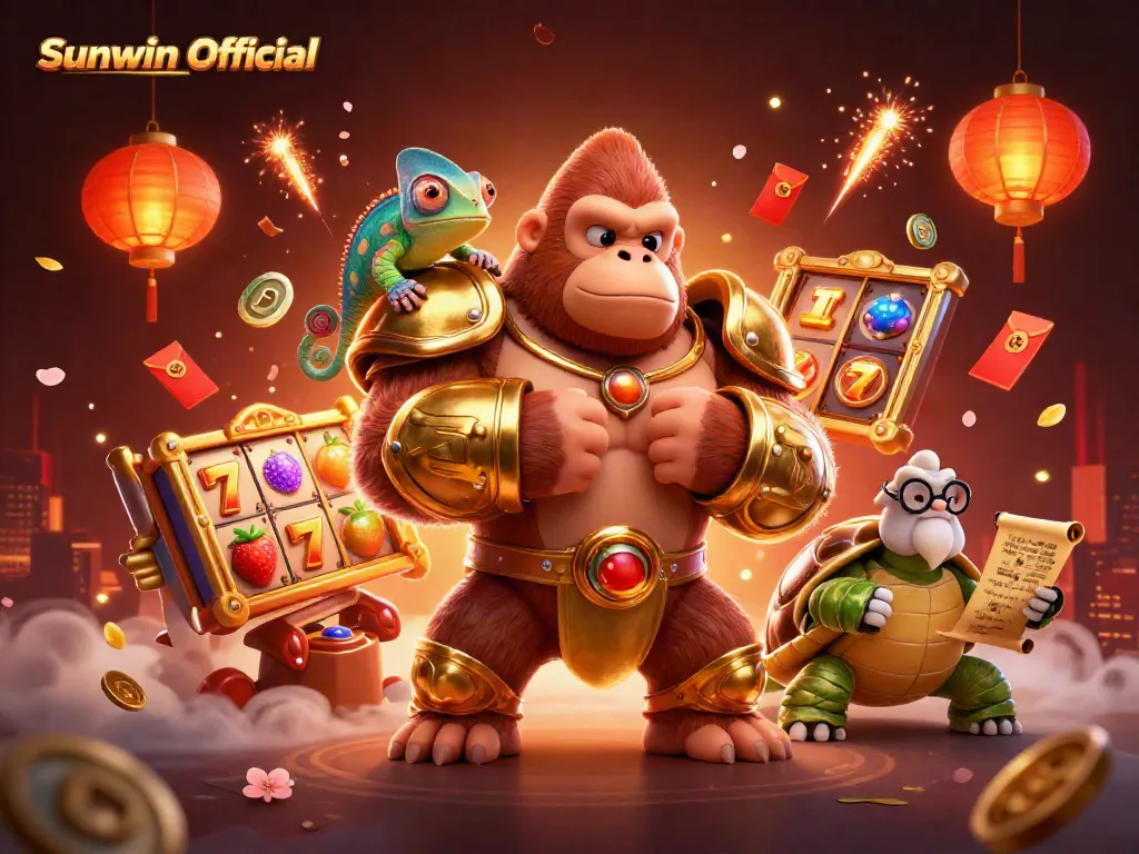 Experience Sunwin Official excitement with a gorilla king, chameleon spy, and ancient scroll, surrounded by vibrant casino elements.