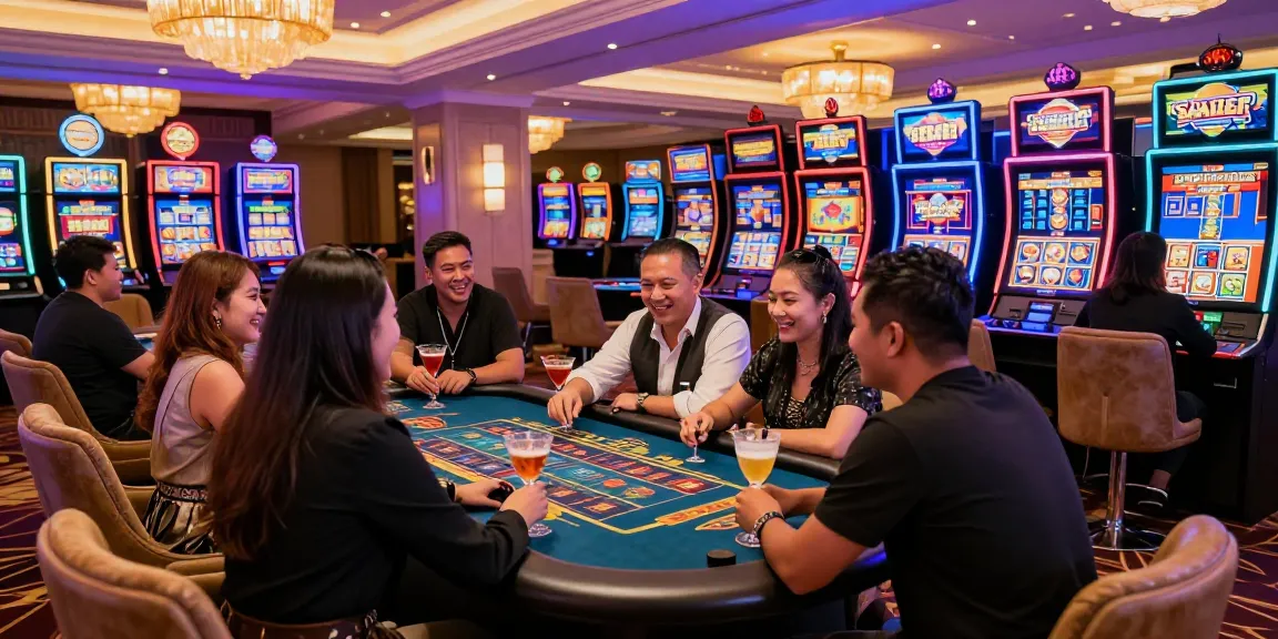 Group enjoying bandar slot resmi games in a vibrant casino environment.