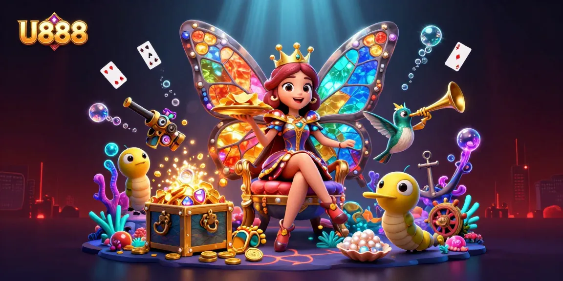 Experience the vibrant world of U888 with a colorful 3D scene featuring unique casino elements and characters.