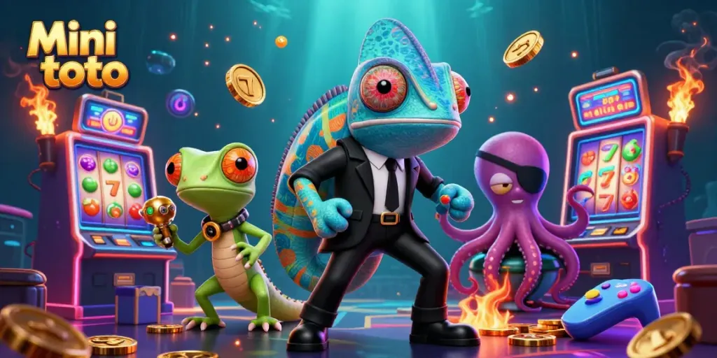 Slot mini toto yang menarik dengan mesin slot berputar dan karakter kartun unik.
