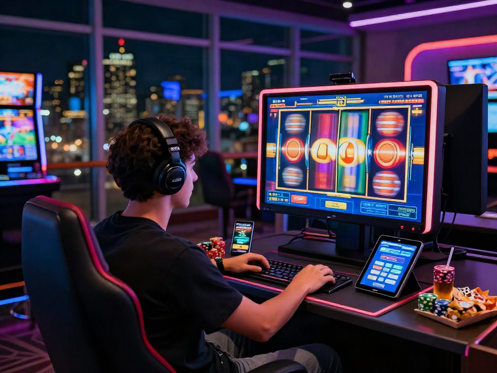 Person playing slot online in a cozy casino setting with vibrant lights.