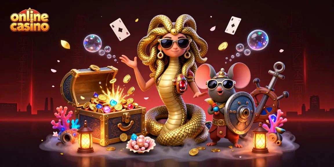 Engage in an exciting online casino experience with Medusa and vibrant treasures in a 3D illustration.