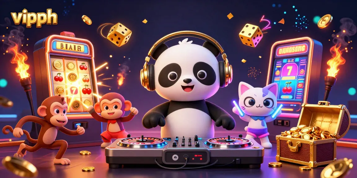 Experience the thrill of vipph with a vibrant casino scene featuring DJ panda, dancing monkey, and rave kitten.