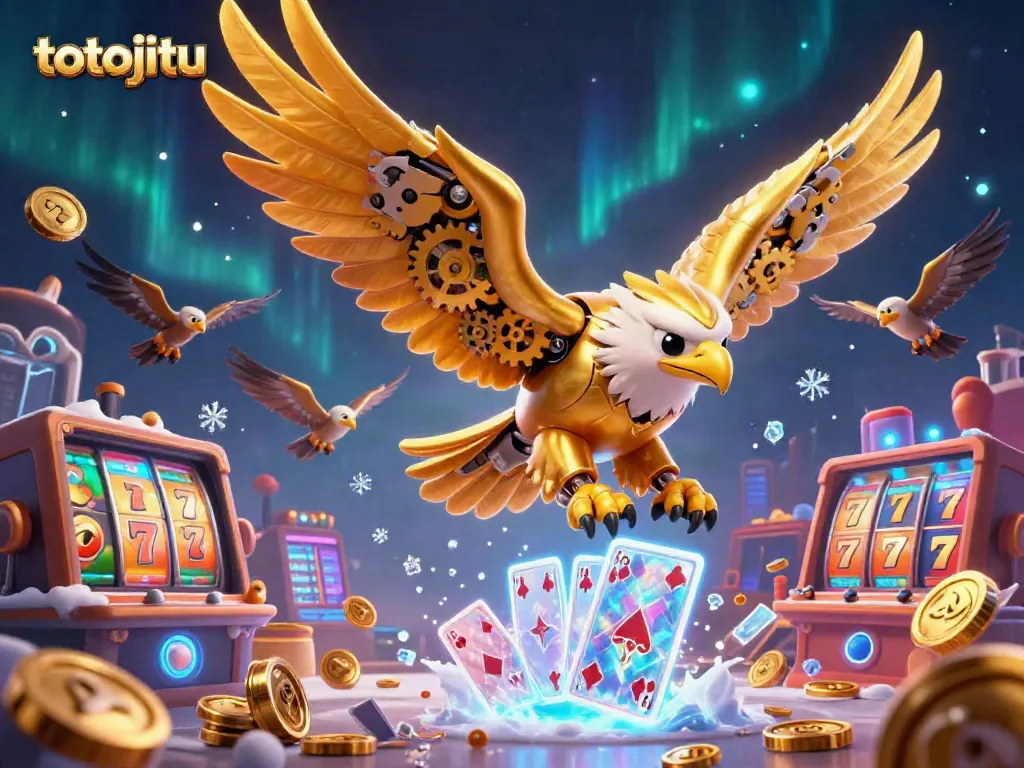 Experience thrilling slots with totojitu as a golden eagle dives through holographic cards in a dynamic casino scene.