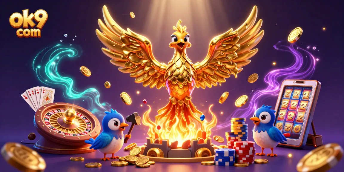 Experience the excitement at ok9 com with golden coins raining from a molten phoenix in this vibrant casino illustration.