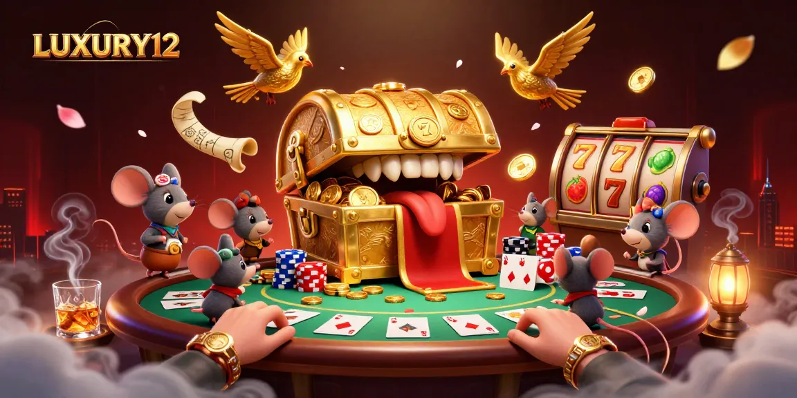 Engage with LUXURY12's dynamic 3D casino illustration, featuring adventurous mice near a treasure chest and colorful game elements.
