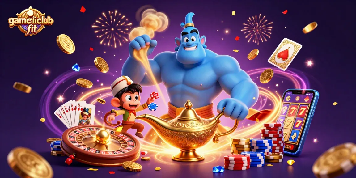 Experience gamehitclub fit with a dynamic casino scene featuring a genie and poker chips amidst dazzling effects.