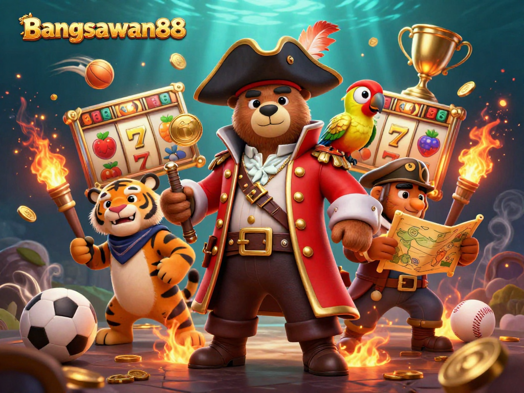 Experience bangsawan88 with a vibrant 3D illustration featuring a pirate captain bear in a dynamic casino scene.