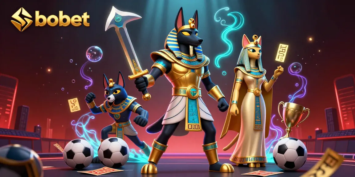 Experience sbobet betting dynamics with a powerful Anubis warrior and Bastet amidst sports elements.