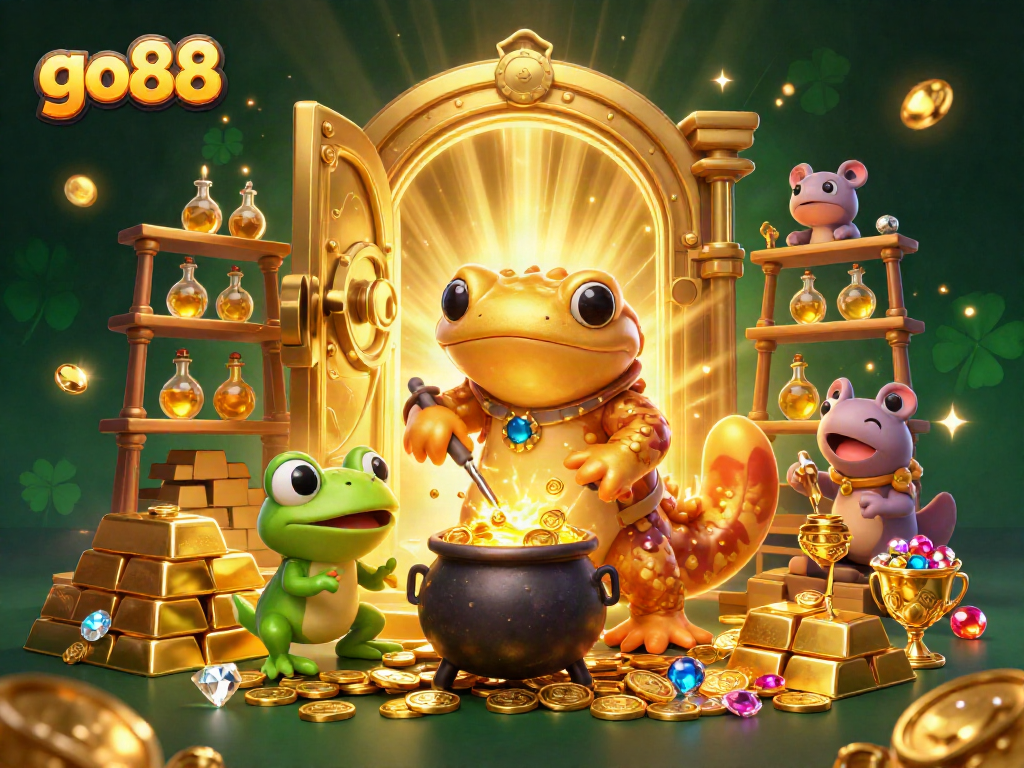 Engage with the go88 platform through vibrant 3D illustration showcasing golden treasures and alchemical magic.