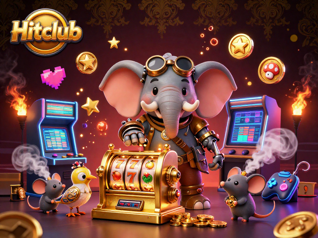 Hitclub's vibrant gaming scene showcases a steampunk elephant engineer celebrating a jackpot win.