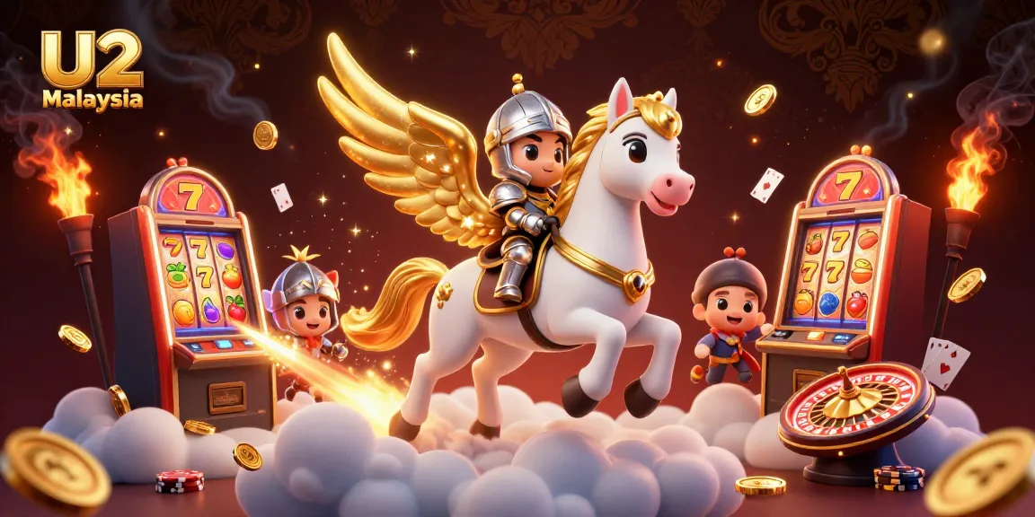 Experience gaming excitement at U2 Malaysia with a celestial horse, knight, and vibrant slot machines.