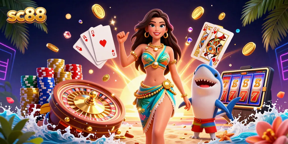 Experience the vibrant world of sc88 with cascading coins and a lively beach scene in this casino illustration.