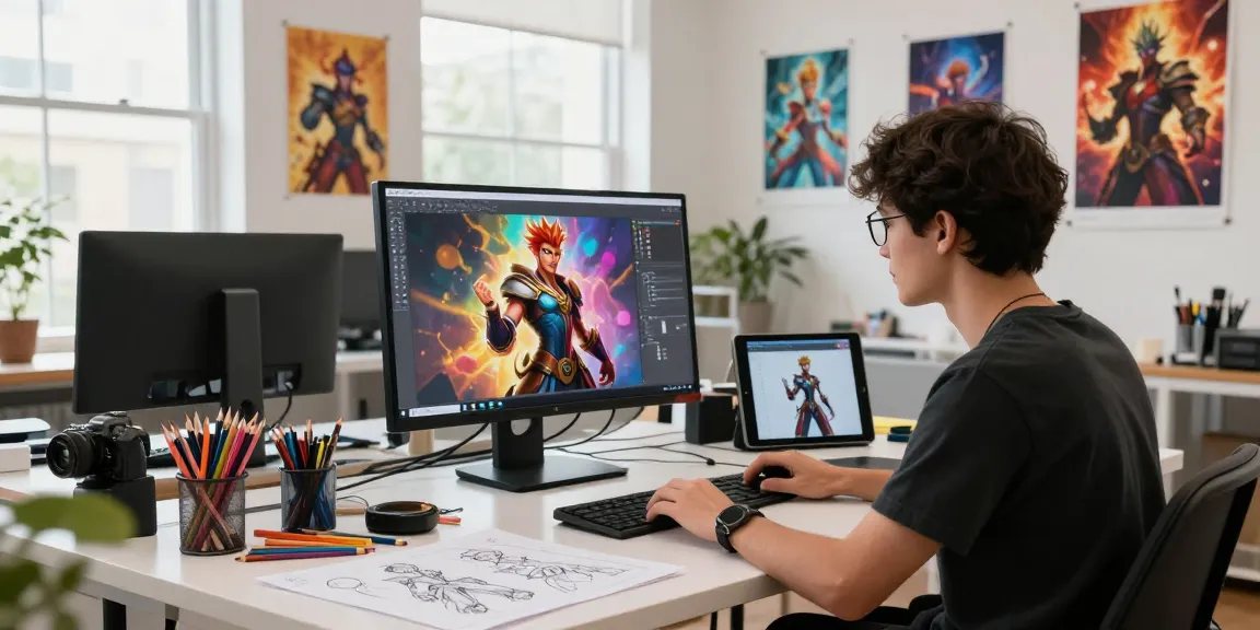 Creating a vibrant NSFW AI character design in a modern digital art studio, showcasing creativity and technology.