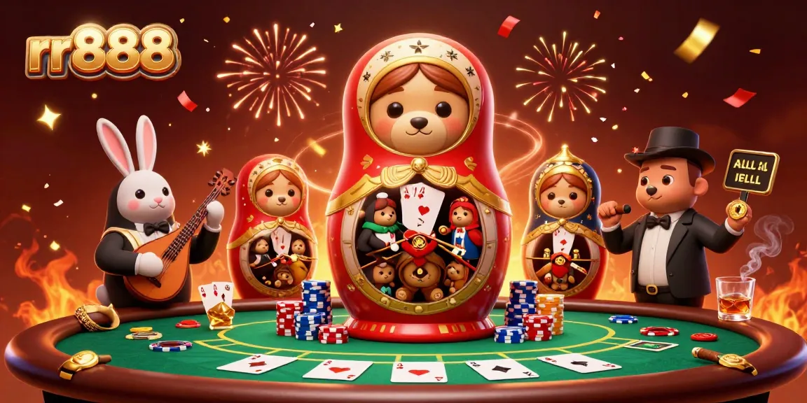 Experience exhilarating gaming action with rr888 as playful bears in dealer outfits surround a vibrant poker scene.