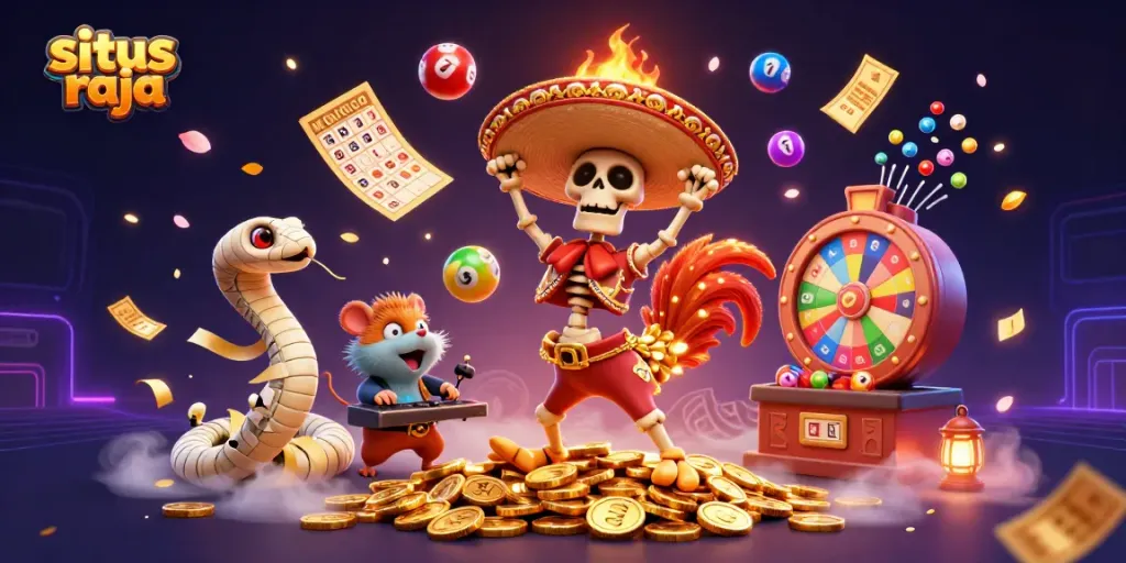 Merayakan kemenangan di situs raja dengan ilustrasi 3D kartun karakter kasino yang hidup.