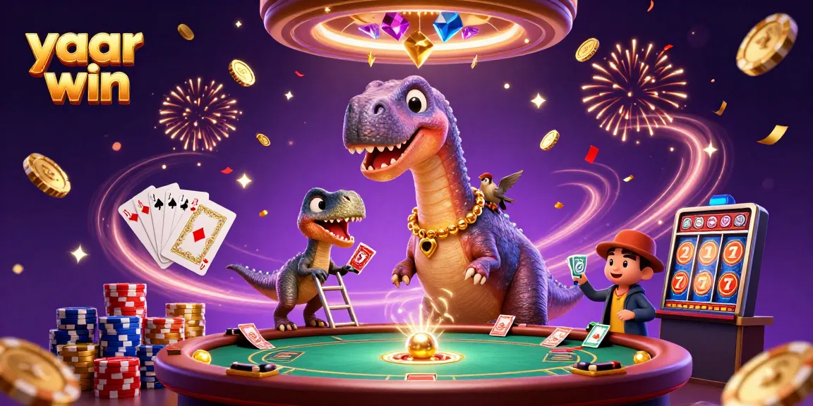 Experience excitement in yaar win casino with a dinosaur dealer and vibrant gaming elements.