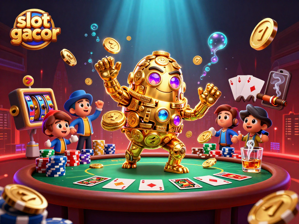 Experience slot gacor excitement with a golden golem and vibrant casino scene.