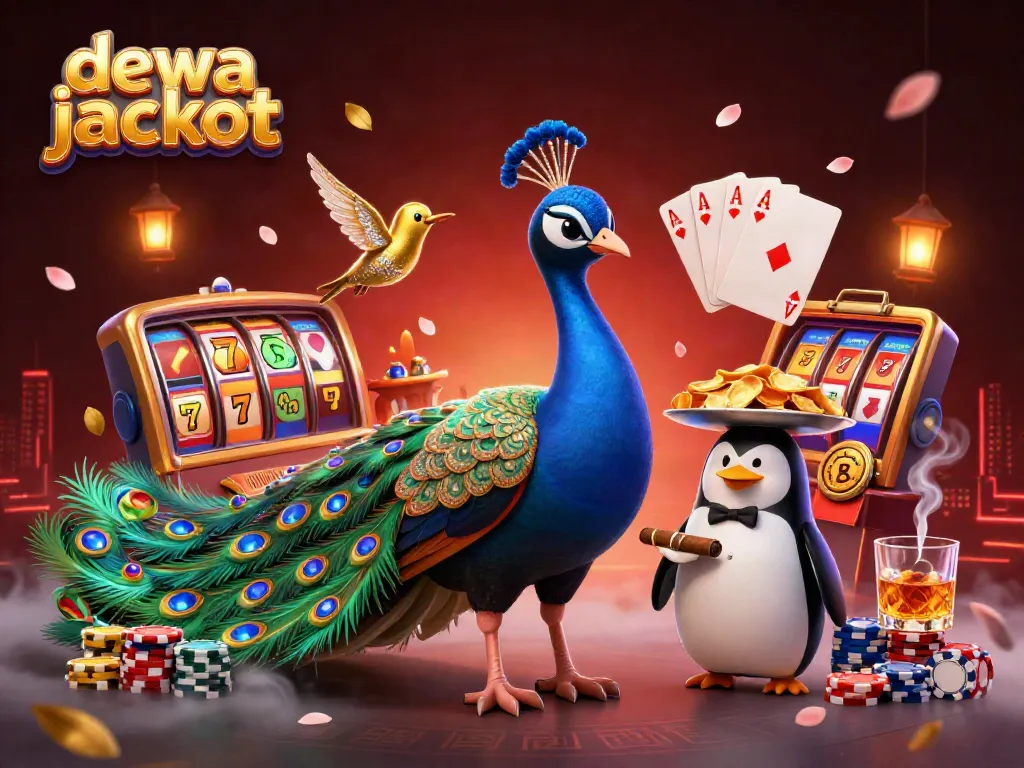 Permainan slot dewa jackpot dengan merak berkilauan dan elemen kasino yang memukau.