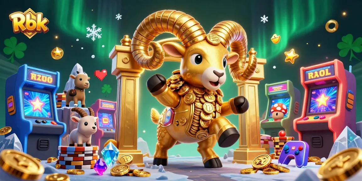 Rbk showcases a 3D golden ram charging through a casino-themed landscape, capturing thrilling gameplay moments.