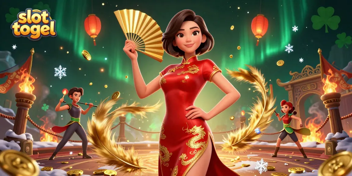 Experience the excitement of slot togel with vibrant characters amidst golden coins and lanterns.
