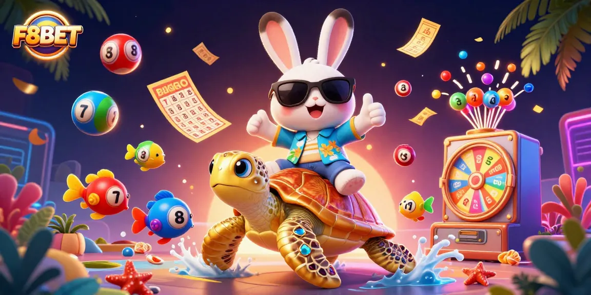 Join F8BET gaming excitement with a lucky rabbit on a golden turtle amidst vibrant lottery elements.