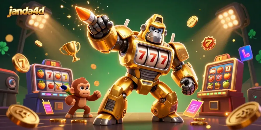 Permainan janda4d menghadirkan pengalaman bermain slot dengan elemen fitur jackpot yang megah dan karakter robot gorila.