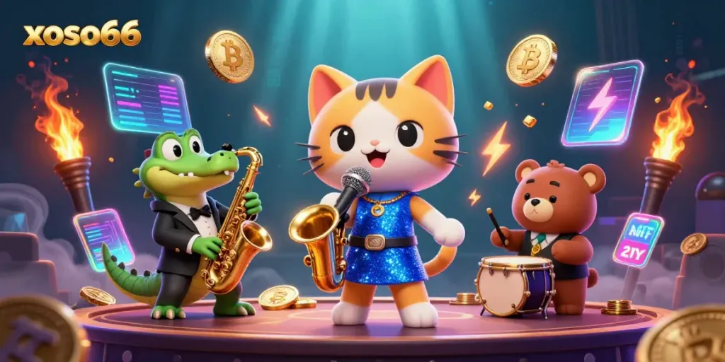 Engage with xoso66's vibrant casino scene featuring cartoon characters and crypto elements.