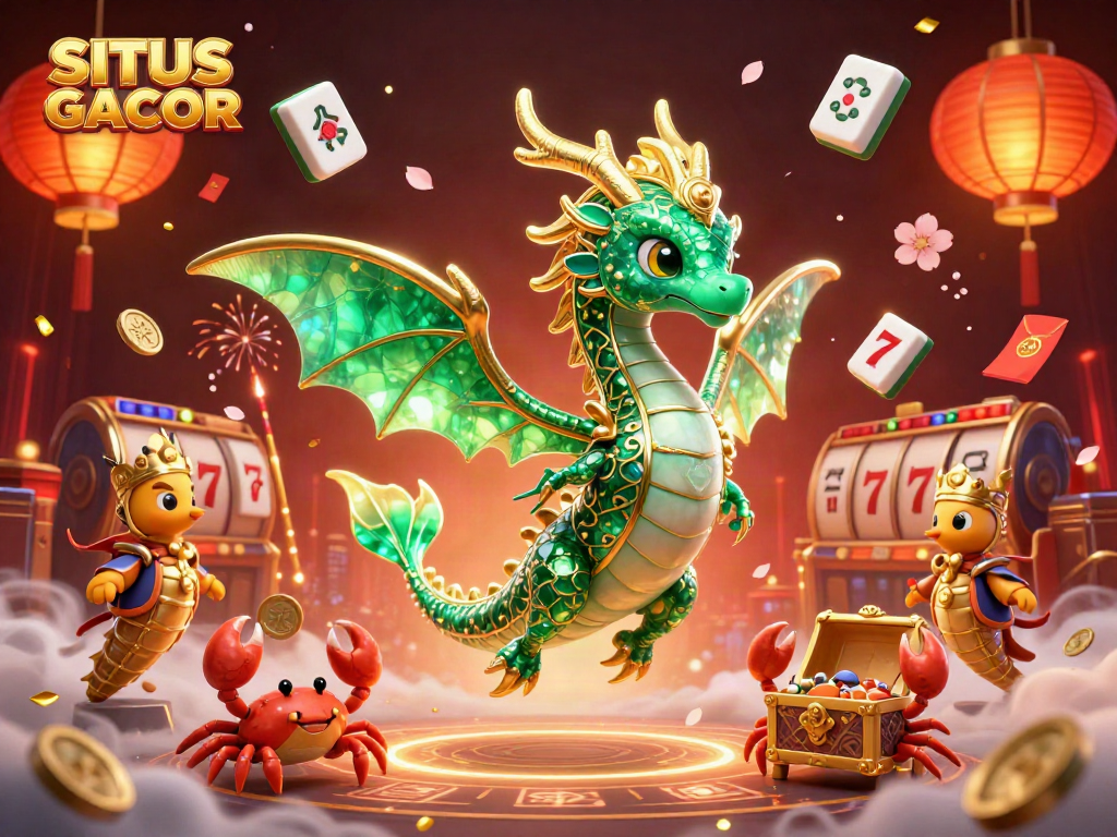 SITUS GACOR showcases vibrant 3D characters with slot gaming elements in a dynamic casino scene.