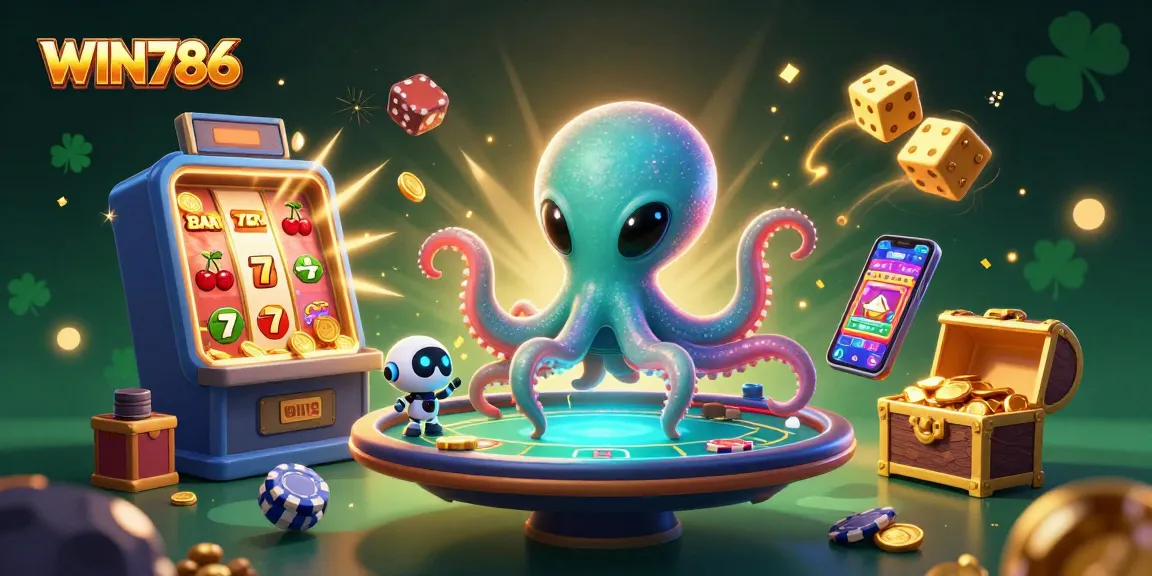 WIN786 features an energetic scene with a cartoon octopus and robot at a poker table, surrounded by casino elements.