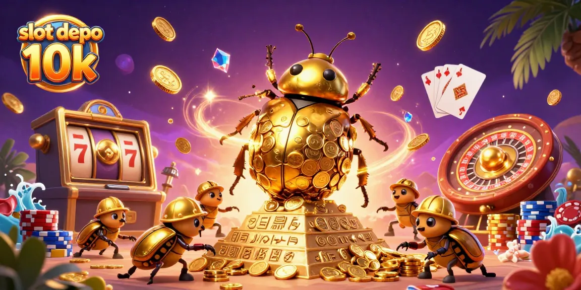 Experience the thrill of slot depo 10k with golden beetles amid cascading coins and vibrant casino elements.