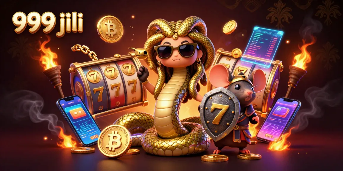 Win big with 999 jili as playful Medusa and warrior mouse spin colorful slots in a vibrant casino delight.