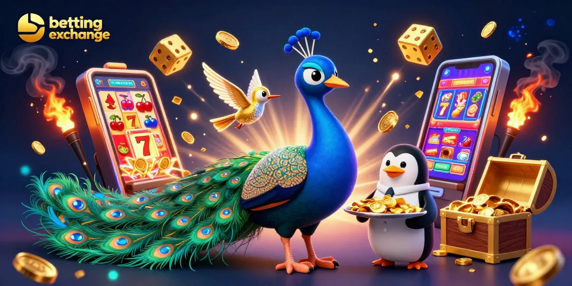 Engage with the vibrant betting exchange scene showcasing a peacock, penguin, and hummingbird amidst casino excitement.