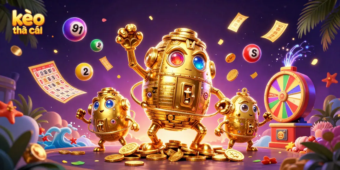 Experience kèo nhà cái with a colorful illustration featuring a golden golem, dynamic lottery balls, and vibrant casino elements.