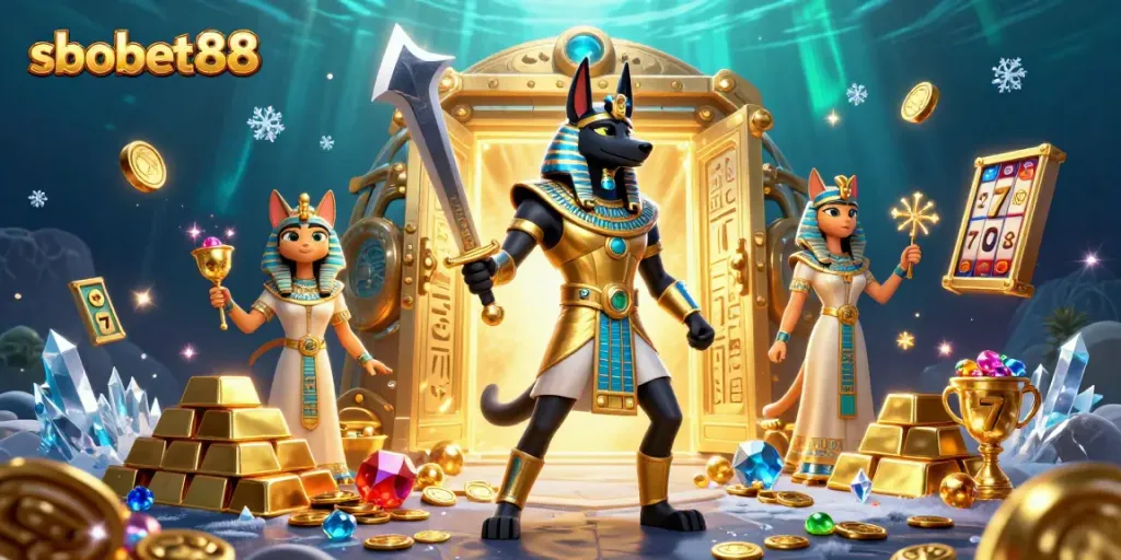 Experience sbobet88 with an exciting scene featuring Anubis and Bastet surrounded by casino treasures.